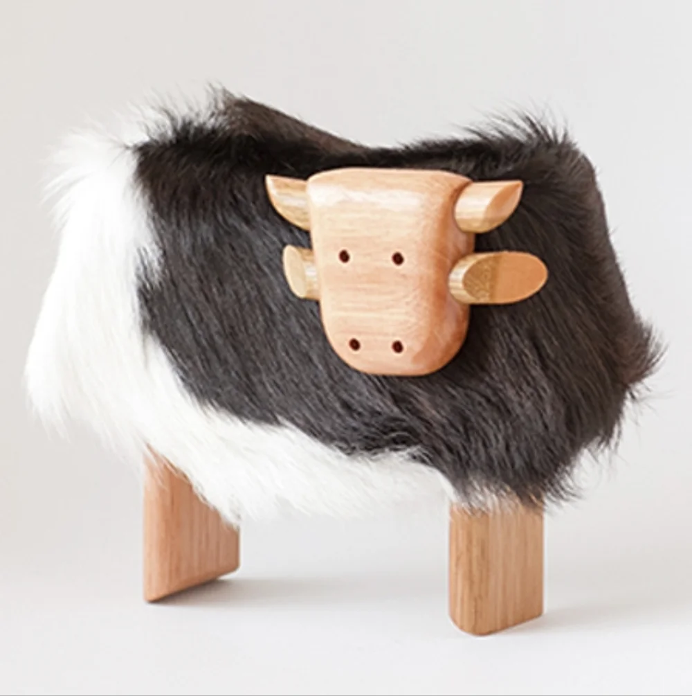 Taller Clavelli Wooden Cow Home Accent with Black and White Fur